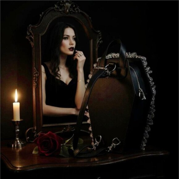 Widow ✦ Vegan Leather Coffin Backpack ✦ Gothic Brocade Lace Trim NWT main image 9